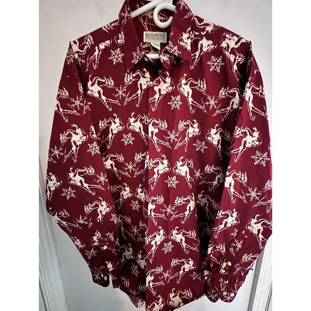 VTG 80-90s Banana Republic M Red White Snowflake Skier Christmas 48x30 Novelty